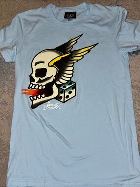 Sailor Jerry Light Blue Short Sleeve Graphic Tee size Small Skull
